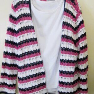 Alfred Dunner-Womens Size L-Pink/Blue/White Stripe Open Sweater With Tank Top
